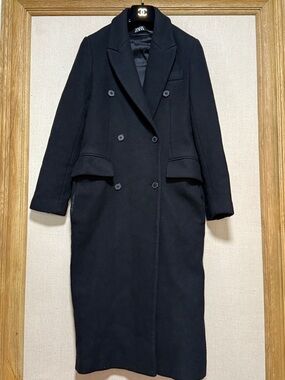 *Zara Coat Womens XS Black Wool Blend Manteco Double Breasted Long Overcoat Chic